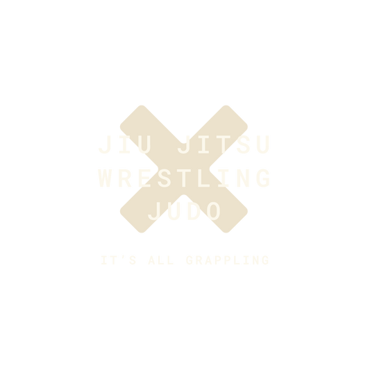 A minimalist logo featuring a light beige double cross with the words 'JIU JITSU WRESTLING JUDO' and 'IT'S ALL GRAPPLING' in a matching pale beige font, set against a solid white background.